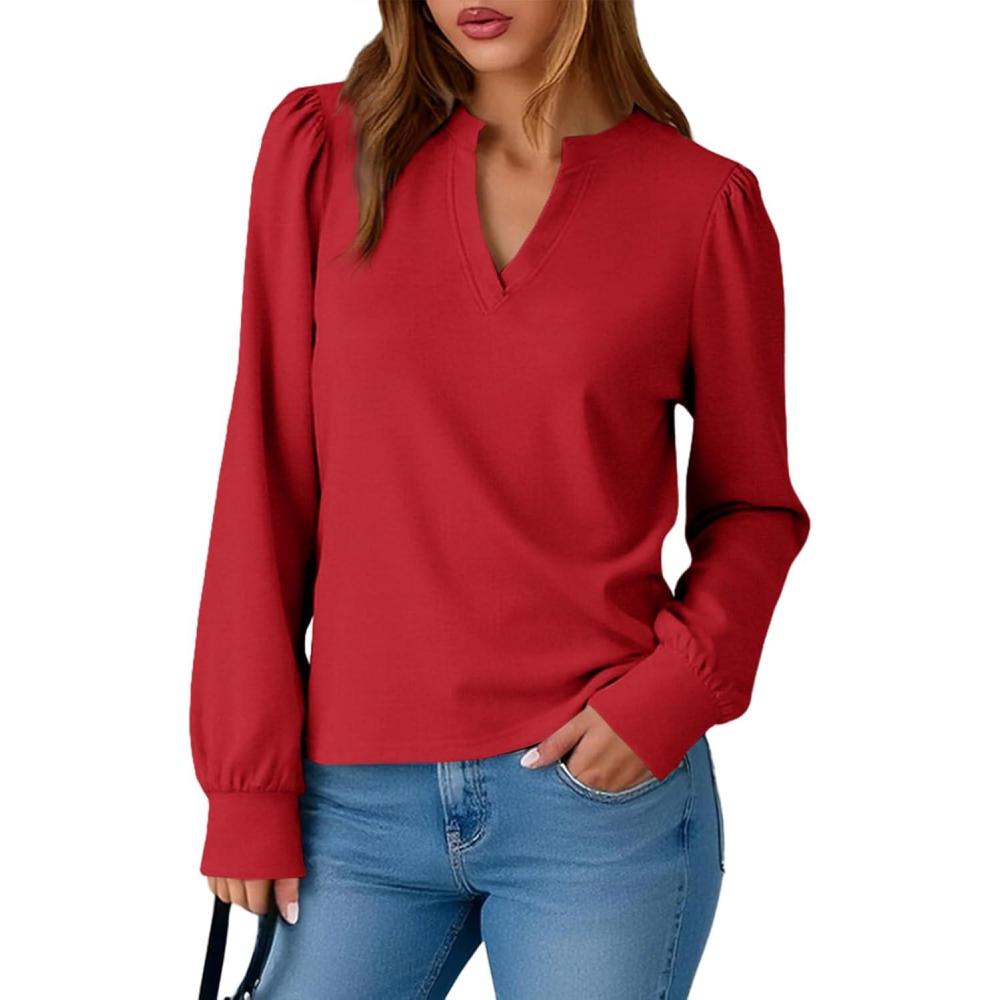 imageTankaneo Womens Puff Long Sleeve Tunic Tops Trendy Casual V Neck Fall Shirts Loose Fit Basic TeesRed