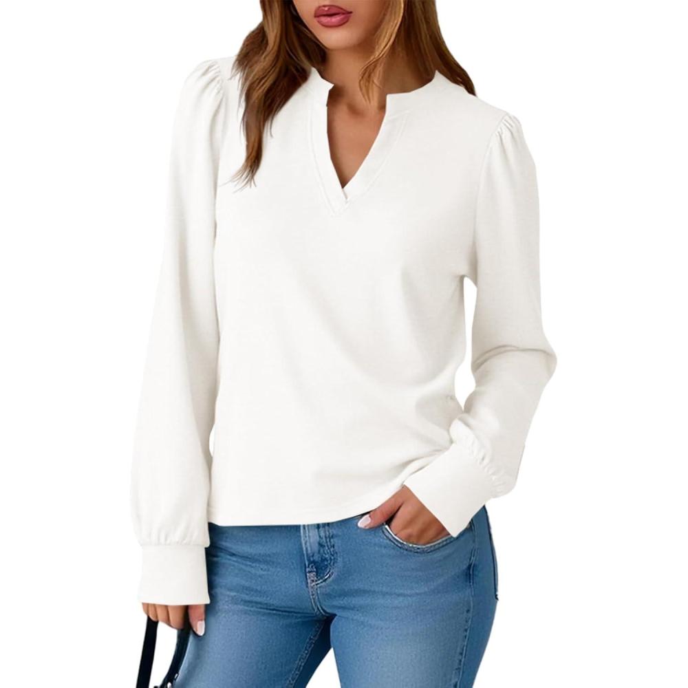 imageTankaneo Womens Puff Long Sleeve Tunic Tops Trendy Casual V Neck Fall Shirts Loose Fit Basic TeesWhite