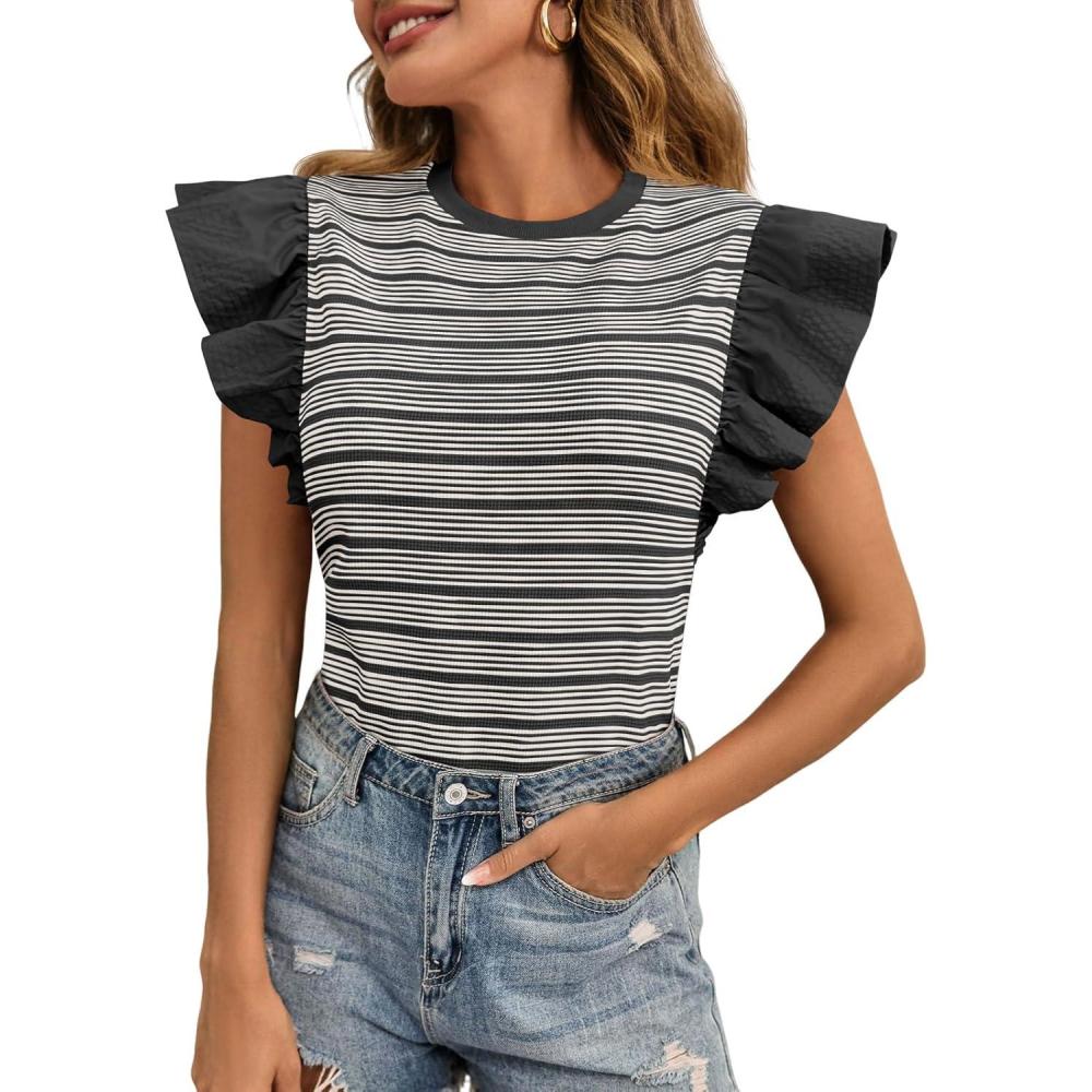 imageTankaneo Womens Ruffle Striped Tank Tops Summer Crew Neck Sleeveless Shirts Loose Fit Dressy Casual BlouseBlack