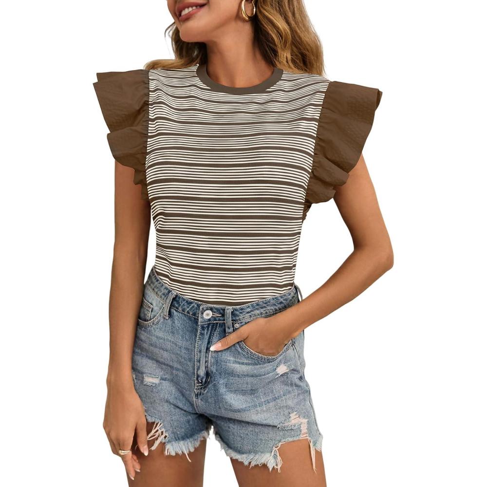 imageTankaneo Womens Ruffle Striped Tank Tops Summer Crew Neck Sleeveless Shirts Loose Fit Dressy Casual BlouseLight Coffee