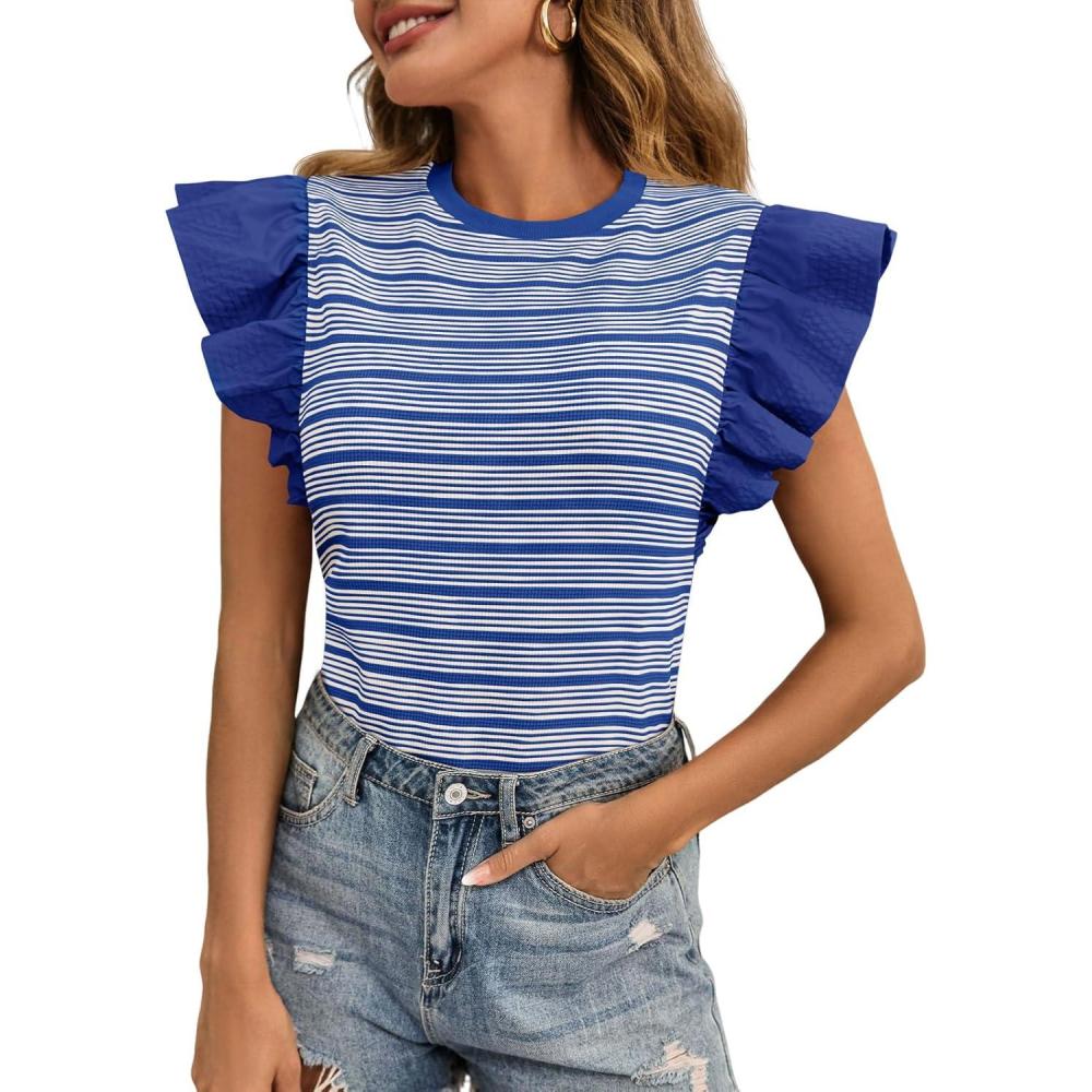 imageTankaneo Womens Ruffle Striped Tank Tops Summer Crew Neck Sleeveless Shirts Loose Fit Dressy Casual BlouseRoyal Blue