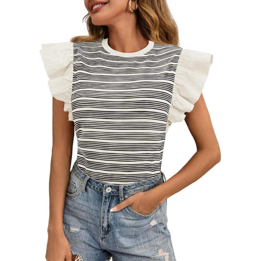 imageTankaneo Womens Ruffle Striped Tank Tops Summer Crew Neck Sleeveless Shirts Loose Fit Dressy Casual BlouseWhite