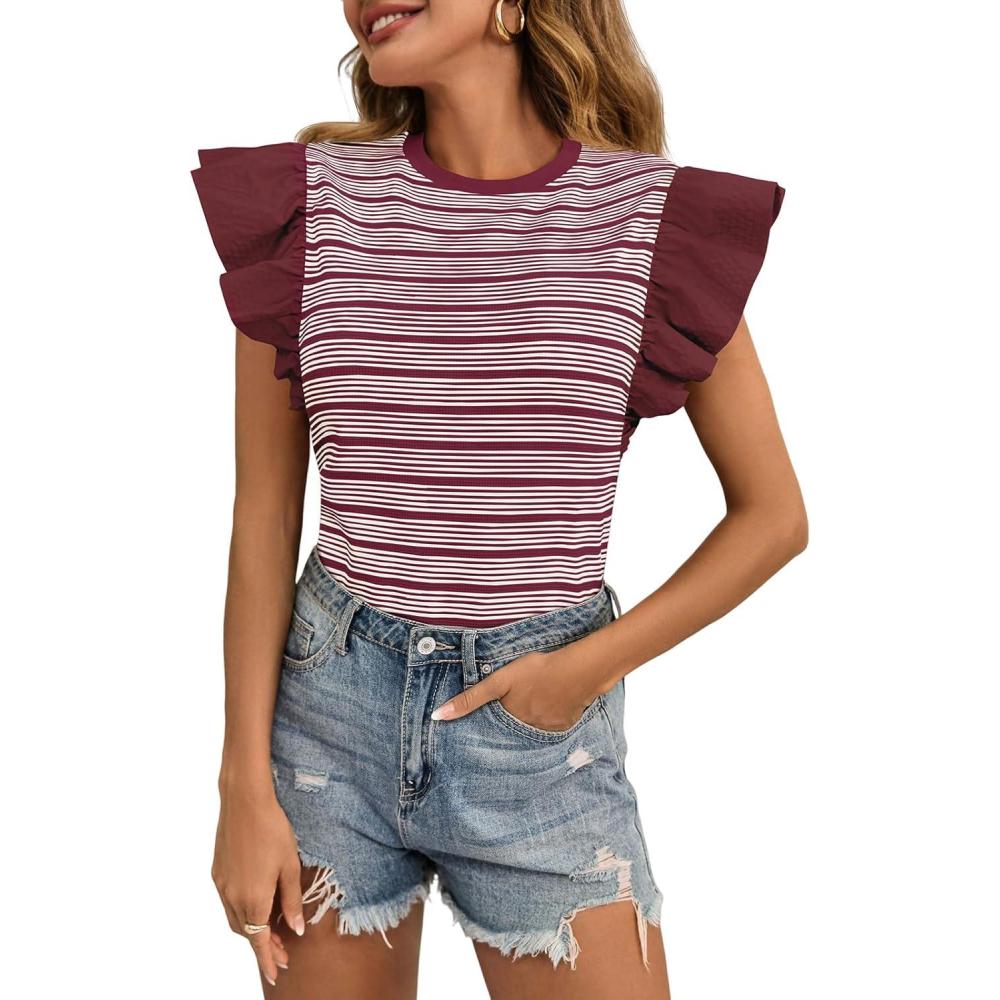 imageTankaneo Womens Ruffle Striped Tank Tops Summer Crew Neck Sleeveless Shirts Loose Fit Dressy Casual BlouseWine Red