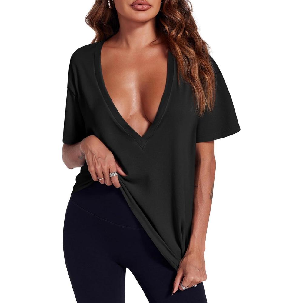 imageTankaneo Womens Sexy Deep V Neck TShirts Summer Short Sleeve Tops Casual Loose Fit Basic TeesBlack
