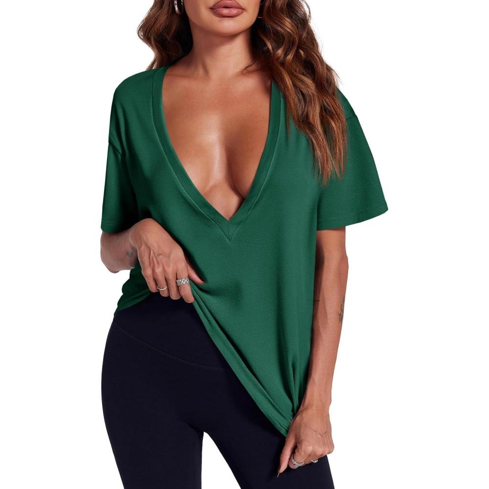imageTankaneo Womens Sexy Deep V Neck TShirts Summer Short Sleeve Tops Casual Loose Fit Basic TeesDark Green