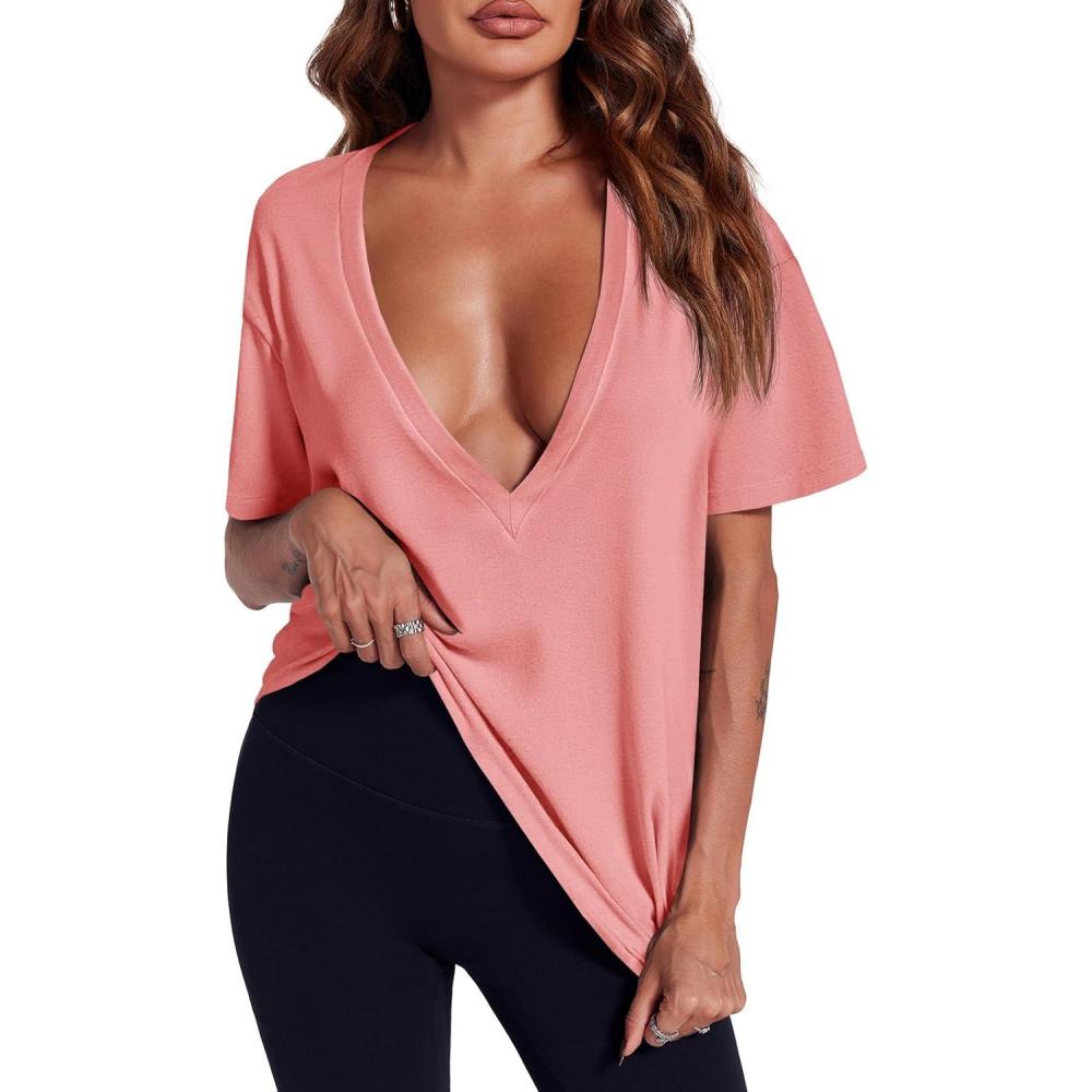 imageTankaneo Womens Sexy Deep V Neck TShirts Summer Short Sleeve Tops Casual Loose Fit Basic TeesDusty Pink