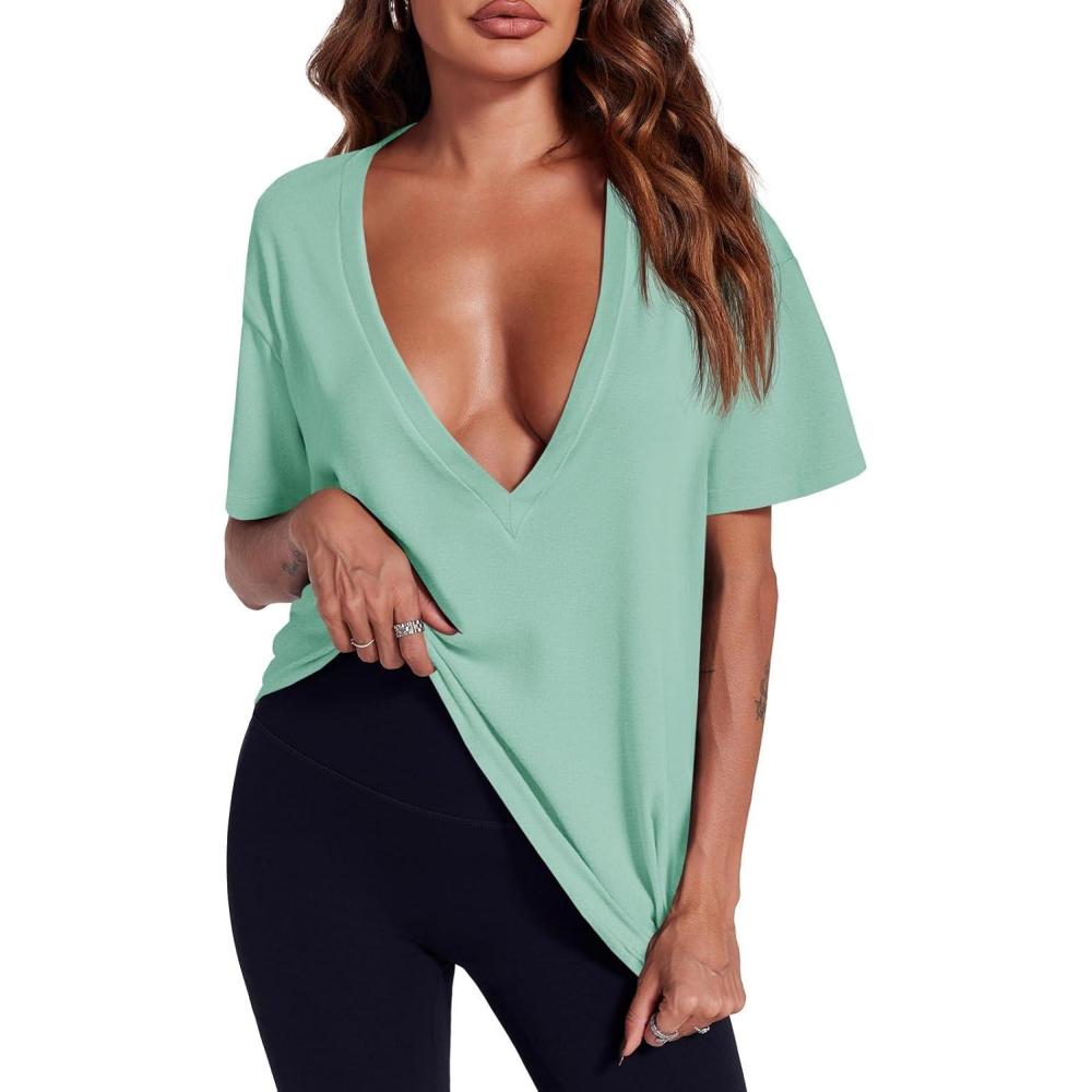 imageTankaneo Womens Sexy Deep V Neck TShirts Summer Short Sleeve Tops Casual Loose Fit Basic TeesMint Green