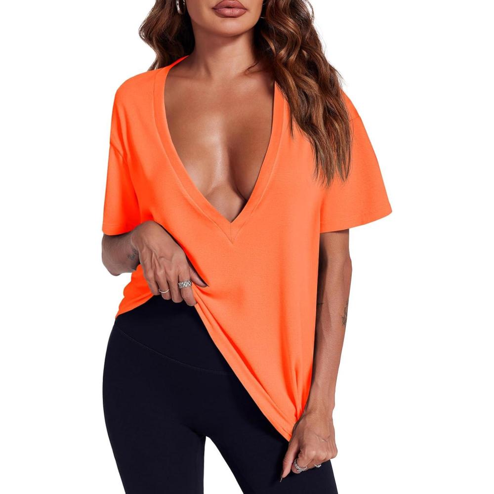 imageTankaneo Womens Sexy Deep V Neck TShirts Summer Short Sleeve Tops Casual Loose Fit Basic TeesOrange
