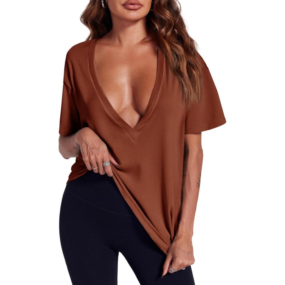 imageTankaneo Womens Sexy Deep V Neck TShirts Summer Short Sleeve Tops Casual Loose Fit Basic TeesRed Brown