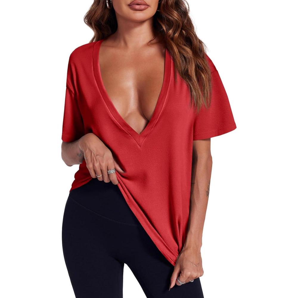 imageTankaneo Womens Sexy Deep V Neck TShirts Summer Short Sleeve Tops Casual Loose Fit Basic TeesRed