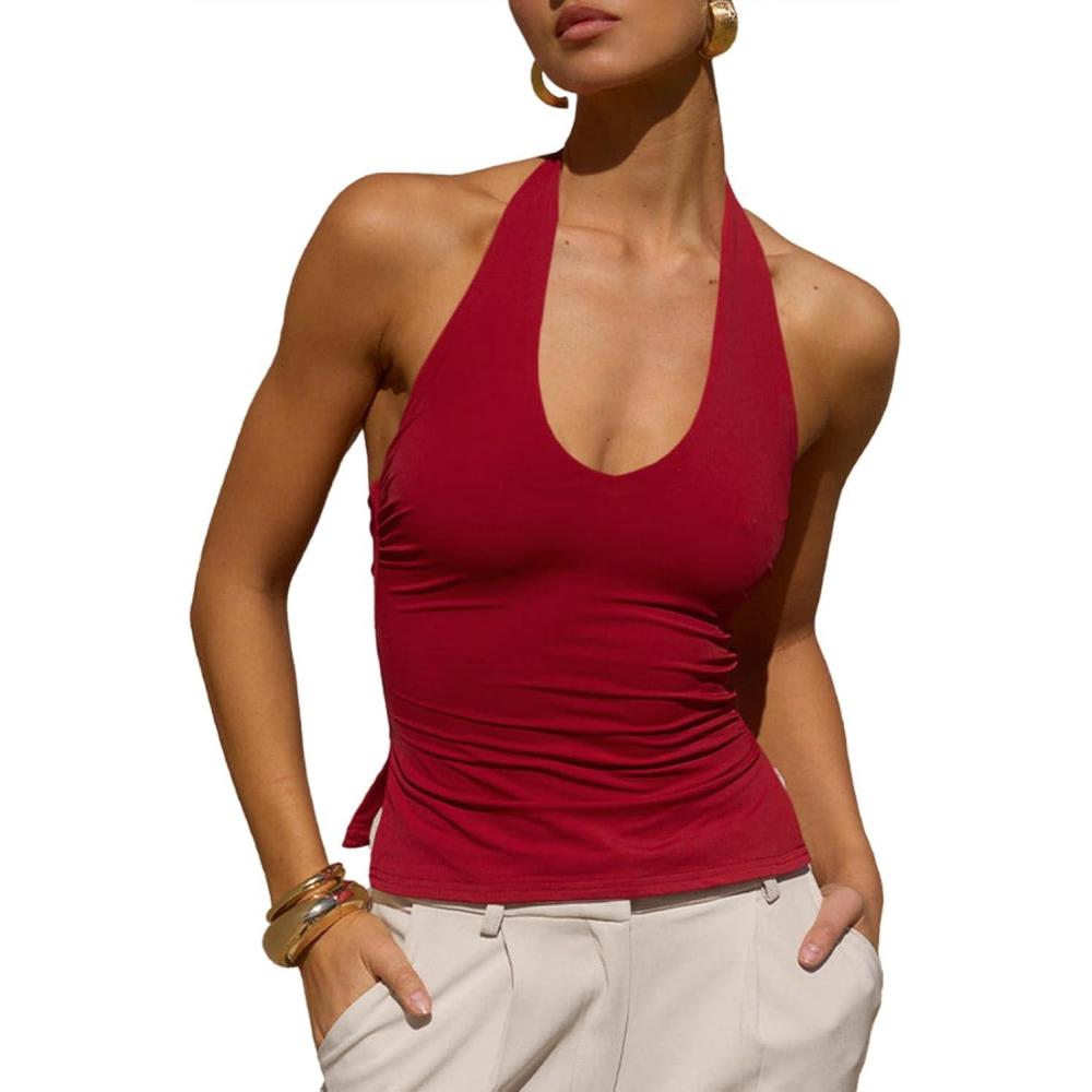 imageTankaneo Womens Sexy Scoop Neck Halter Tops Backless Ruched Knit Tank Tops Summer Sleeveless Fitted Going Out ShirtsRed