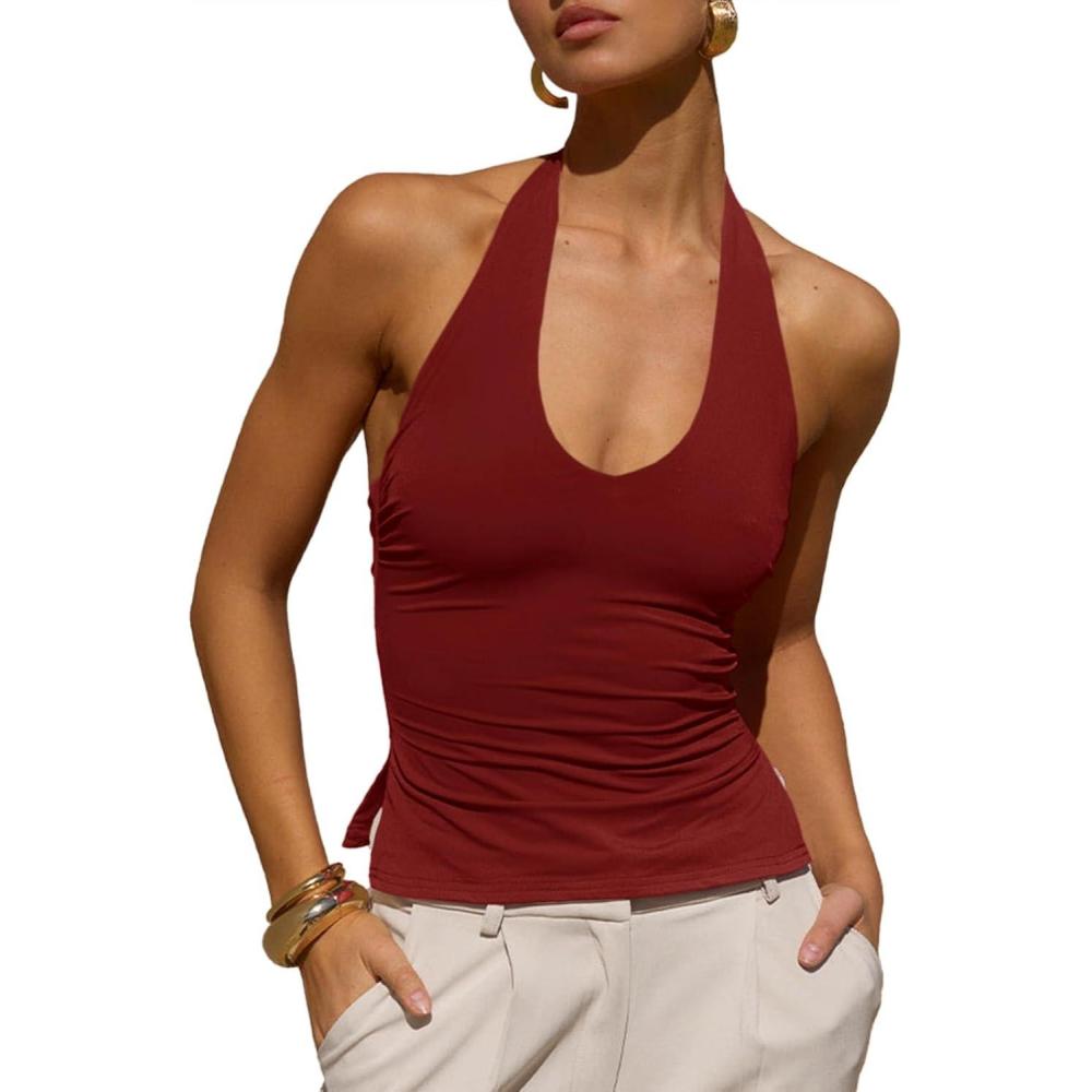imageTankaneo Womens Sexy Scoop Neck Halter Tops Backless Ruched Knit Tank Tops Summer Sleeveless Fitted Going Out ShirtsWine Red
