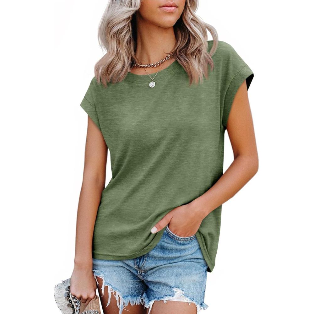 imageTankaneo Womens Short Cap Sleeve Tops Crew Neck Loose Fit T Shirt Basic Casual Sleeveless Tee ShirtsArmy Green
