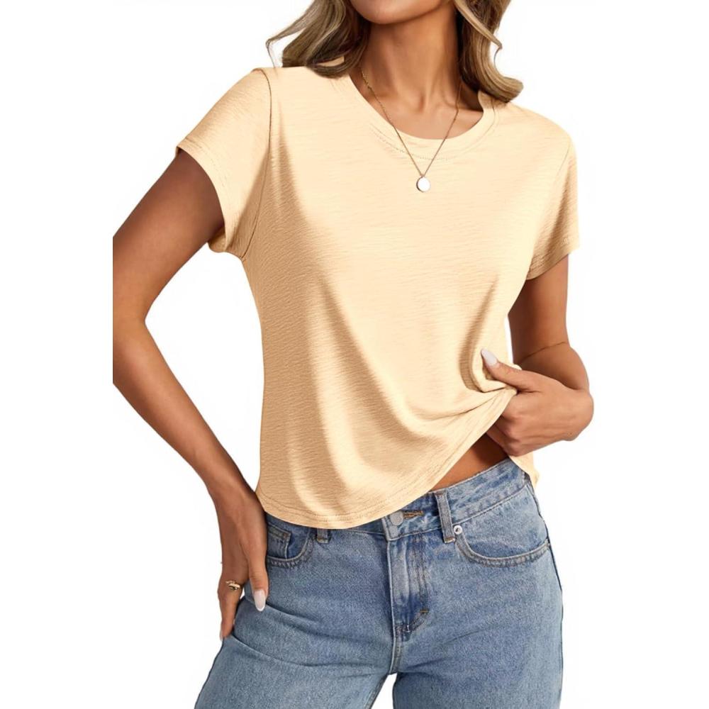 imageTankaneo Womens Short Sleeve Tops Cropped Crew Neck Tshirts Casual Summer Cotton Boxy Tee ShirtsBeige