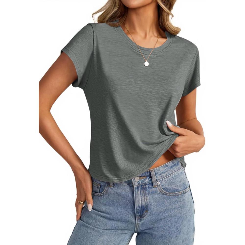 imageTankaneo Womens Short Sleeve Tops Cropped Crew Neck Tshirts Casual Summer Cotton Boxy Tee ShirtsGrey