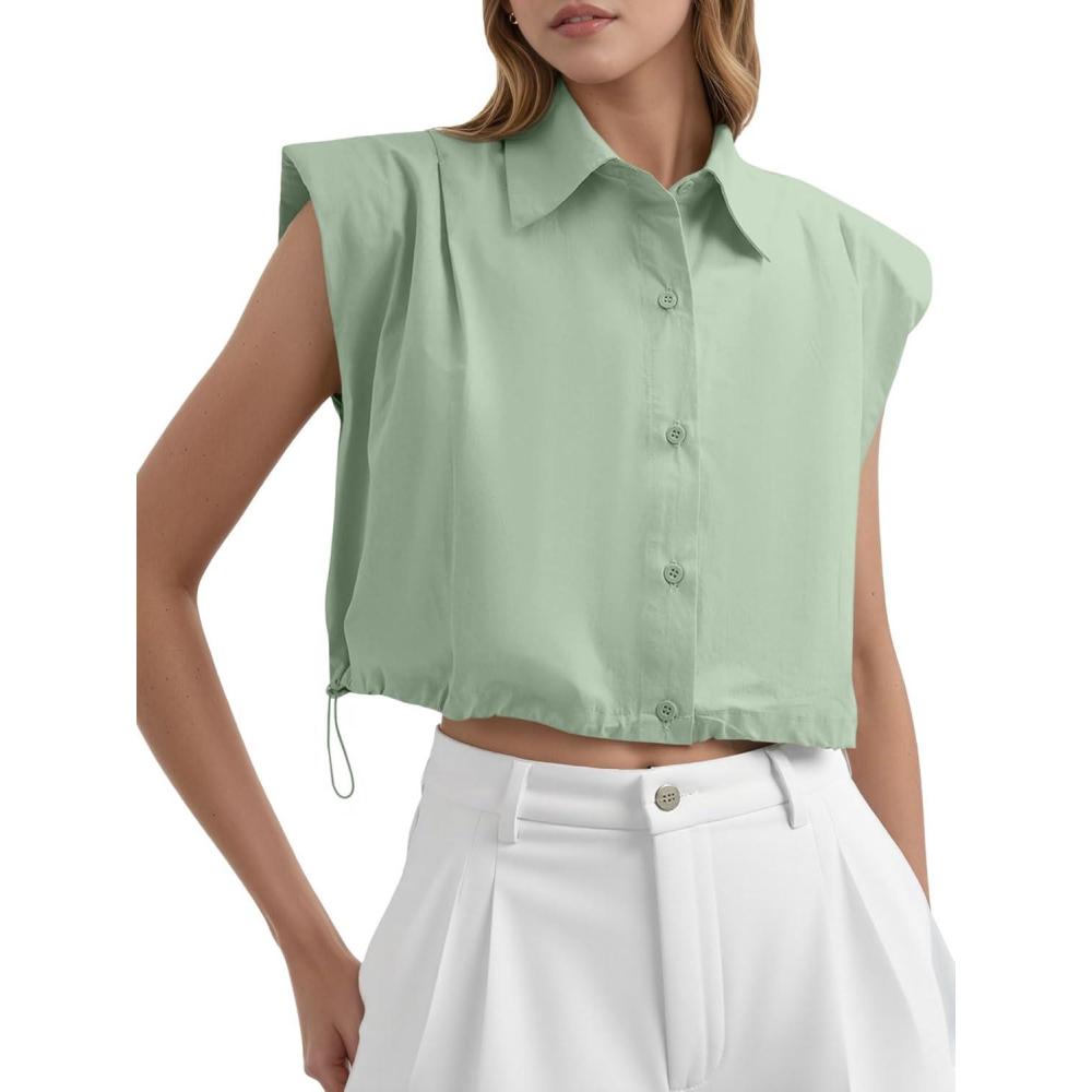imageTankaneo Womens Sleeveless Button Down Shirts Casual Loose V Neck Pad Shoulder Crop Tank TopBean Green