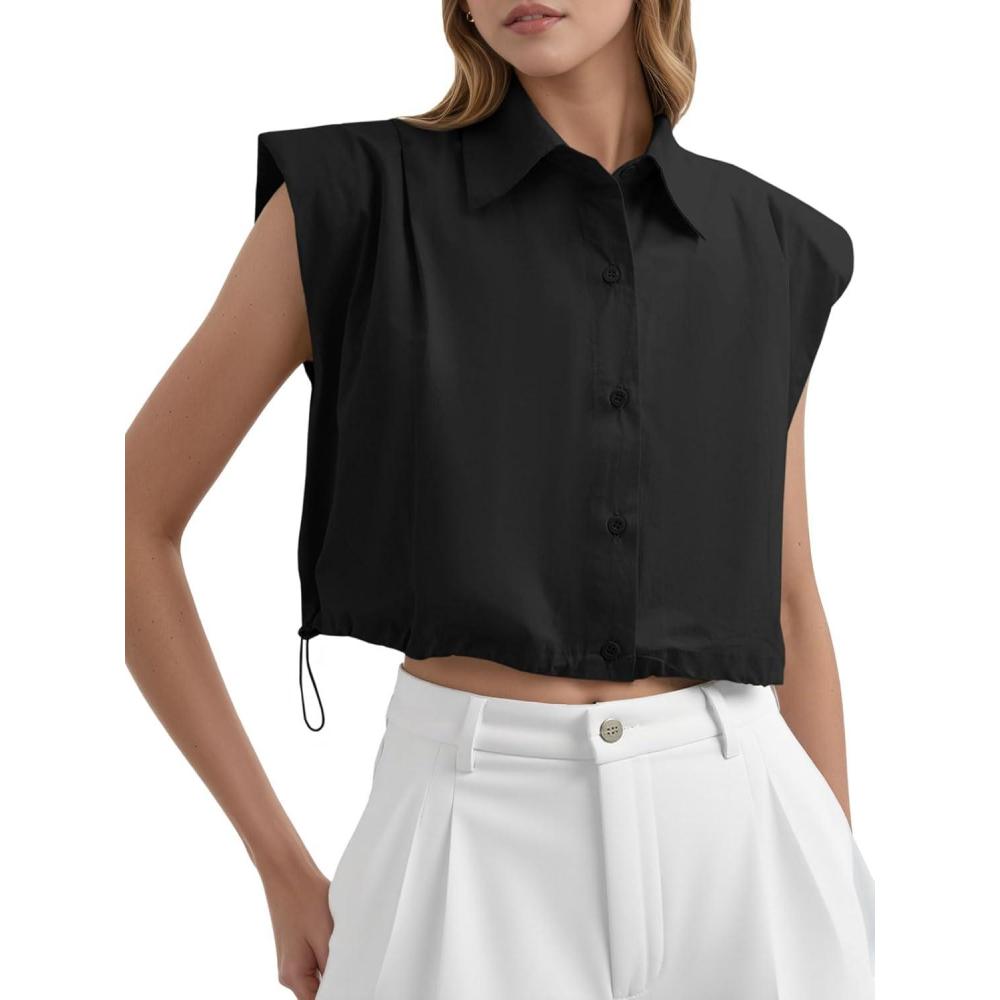 imageTankaneo Womens Sleeveless Button Down Shirts Casual Loose V Neck Pad Shoulder Crop Tank TopBlack