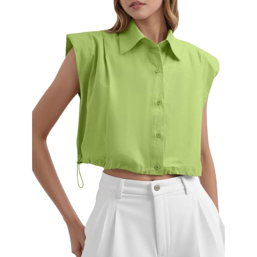 imageTankaneo Womens Sleeveless Button Down Shirts Casual Loose V Neck Pad Shoulder Crop Tank TopBright Green