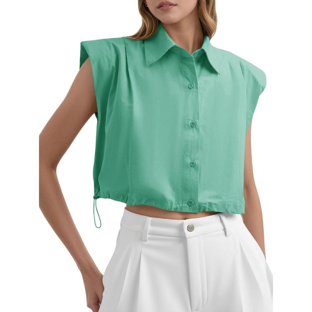 imageTankaneo Womens Sleeveless Button Down Shirts Casual Loose V Neck Pad Shoulder Crop Tank TopGreen