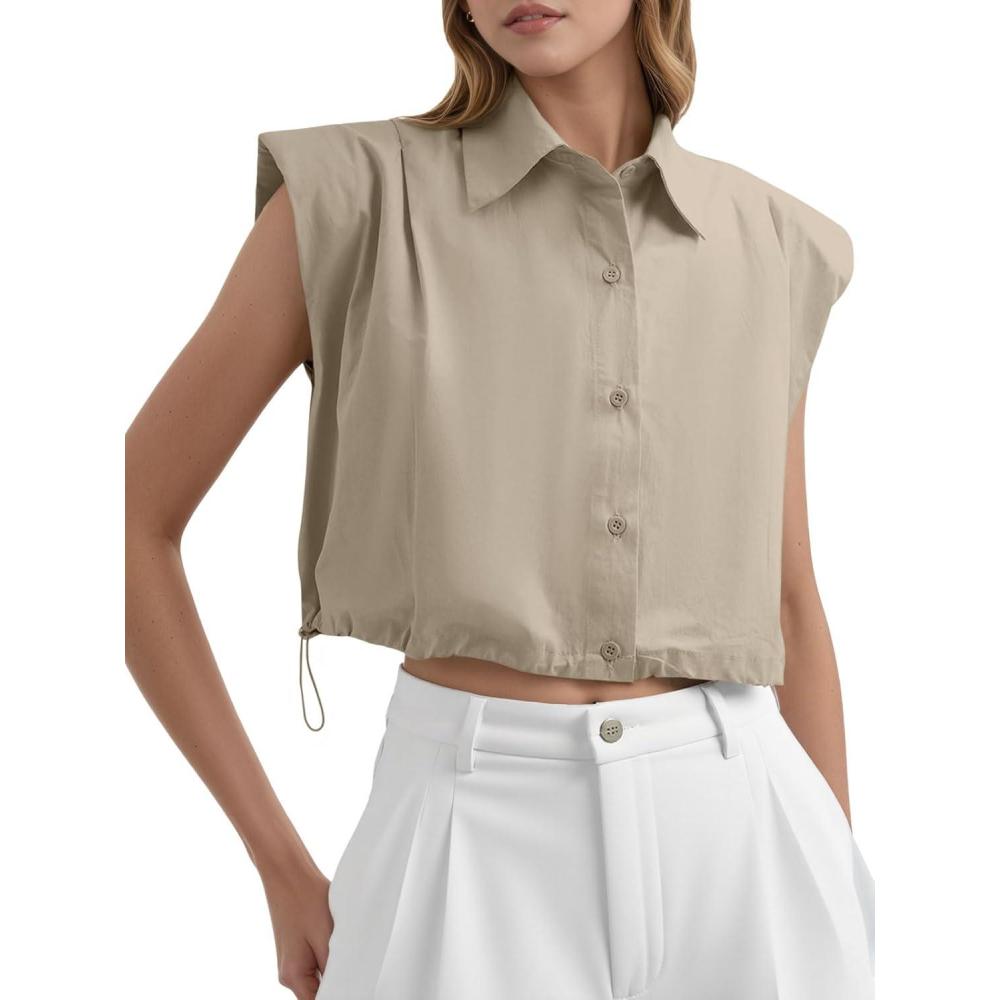 imageTankaneo Womens Sleeveless Button Down Shirts Casual Loose V Neck Pad Shoulder Crop Tank TopKhaki