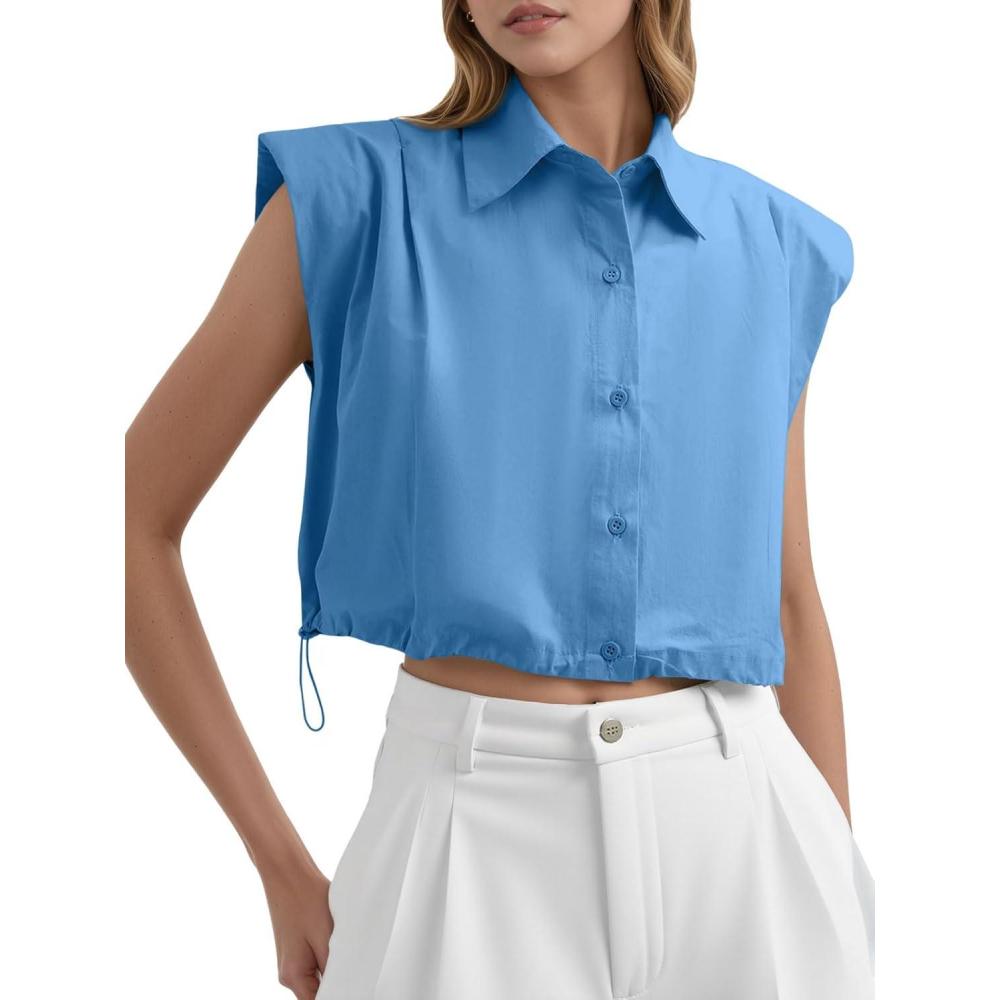 imageTankaneo Womens Sleeveless Button Down Shirts Casual Loose V Neck Pad Shoulder Crop Tank TopNavy