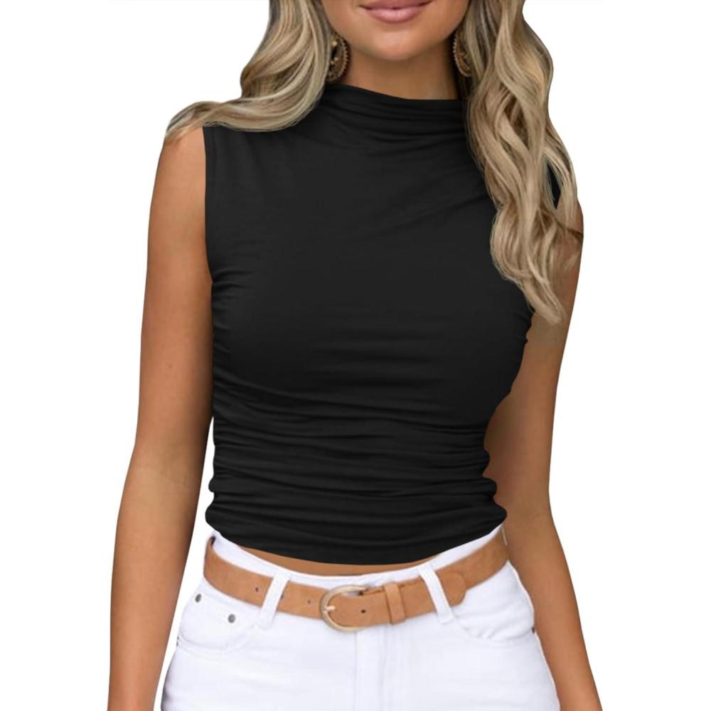 imageTankaneo Womens Sleeveless Mock Turtleneck Tank Tops Slim Fitted Ruched Crop Top ShirtsBlack