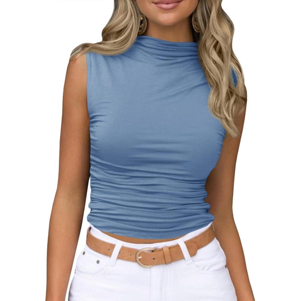 imageTankaneo Womens Sleeveless Mock Turtleneck Tank Tops Slim Fitted Ruched Crop Top ShirtsBlue