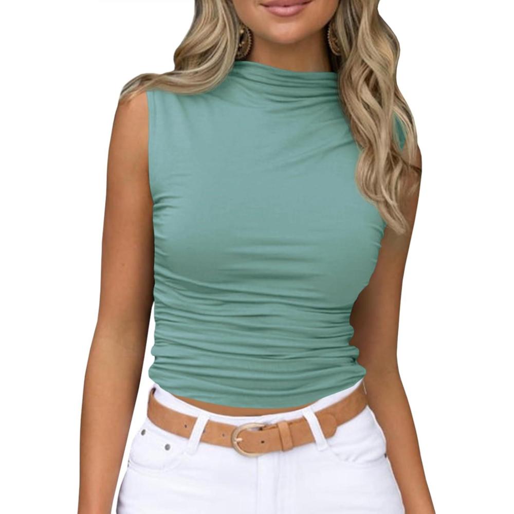 imageTankaneo Womens Sleeveless Mock Turtleneck Tank Tops Slim Fitted Ruched Crop Top ShirtsGreen