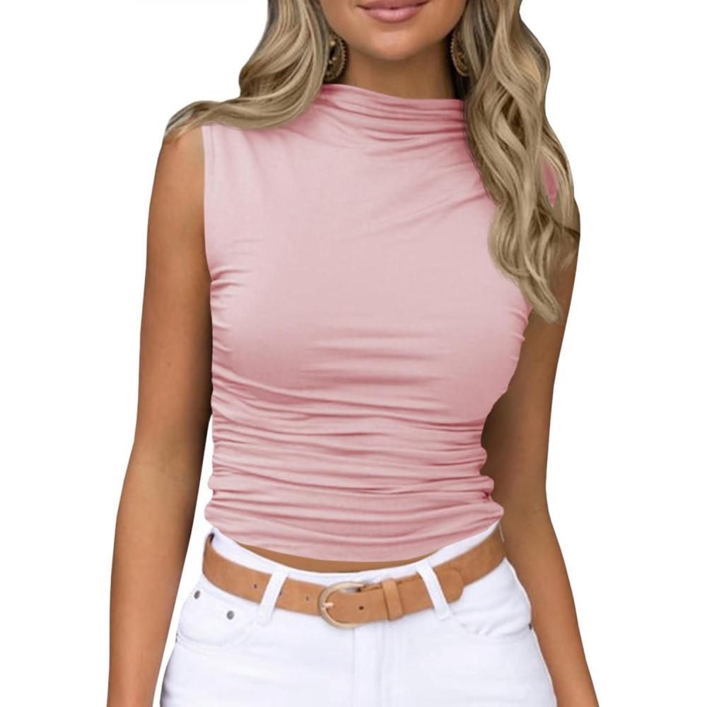 imageTankaneo Womens Sleeveless Mock Turtleneck Tank Tops Slim Fitted Ruched Crop Top ShirtsPink
