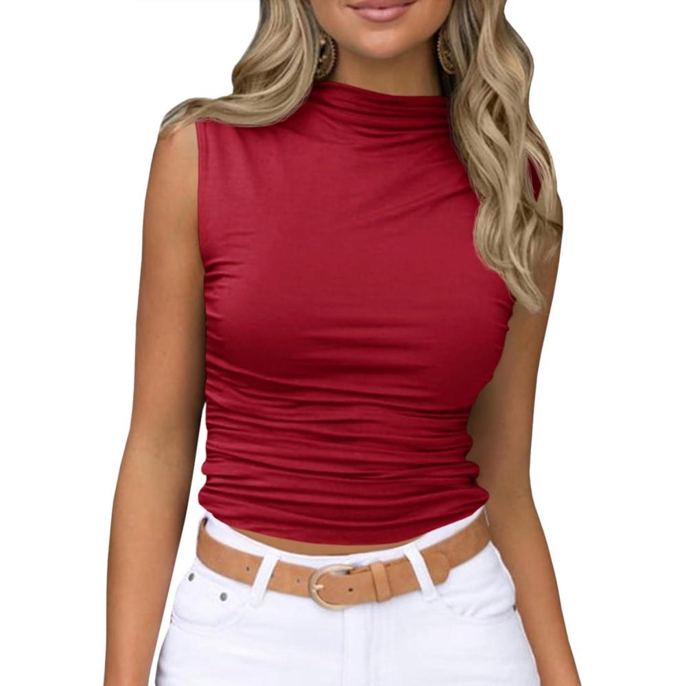 imageTankaneo Womens Sleeveless Mock Turtleneck Tank Tops Slim Fitted Ruched Crop Top ShirtsRed