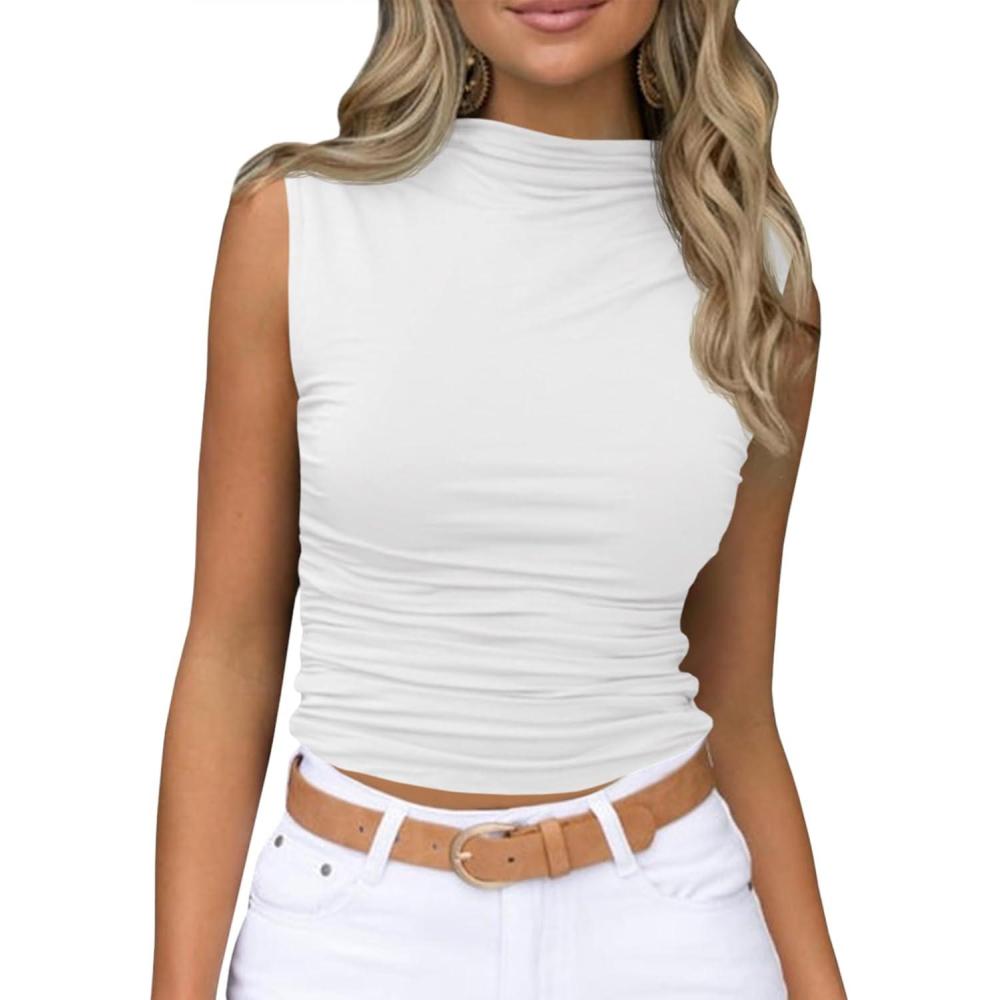 imageTankaneo Womens Sleeveless Mock Turtleneck Tank Tops Slim Fitted Ruched Crop Top ShirtsWhite