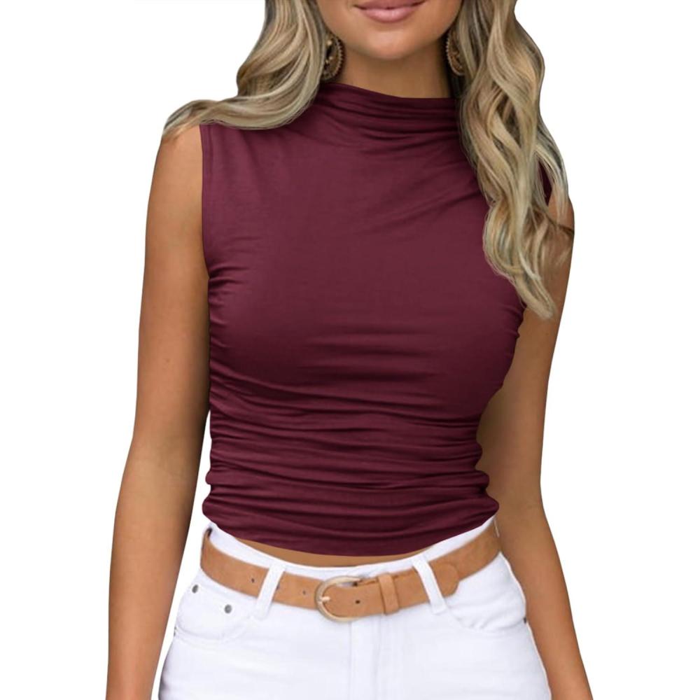 imageTankaneo Womens Sleeveless Mock Turtleneck Tank Tops Slim Fitted Ruched Crop Top ShirtsWine Red