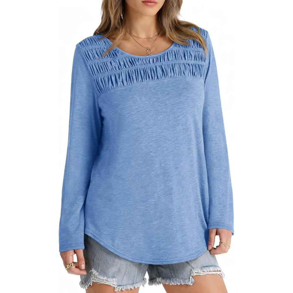imageTankaneo Womens Smocked Long Sleeve Shirts Casual Crew Neck Curved Hem Tunic Tops Loose Fit Basic TeeBaby Blue