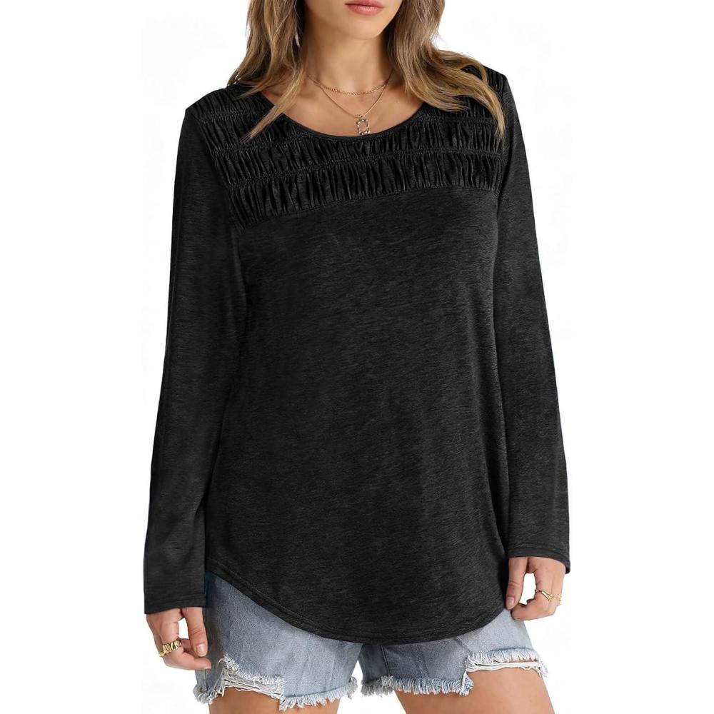 imageTankaneo Womens Smocked Long Sleeve Shirts Casual Crew Neck Curved Hem Tunic Tops Loose Fit Basic TeeBlack