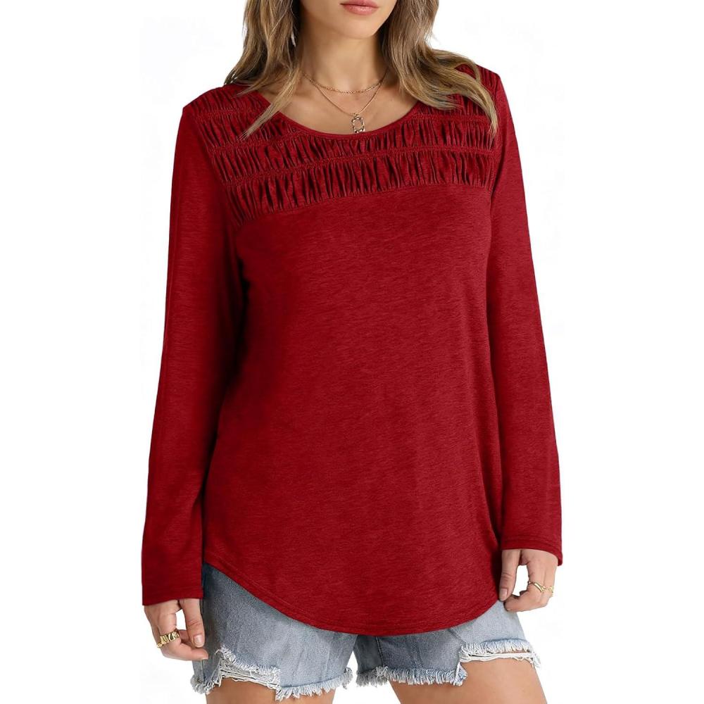 imageTankaneo Womens Smocked Long Sleeve Shirts Casual Crew Neck Curved Hem Tunic Tops Loose Fit Basic TeeBurgundy