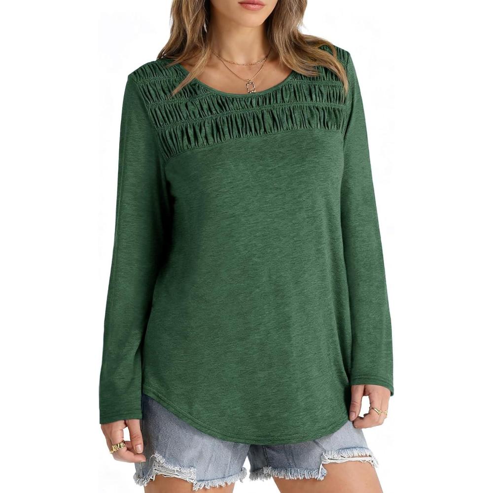 imageTankaneo Womens Smocked Long Sleeve Shirts Casual Crew Neck Curved Hem Tunic Tops Loose Fit Basic TeeDark Green