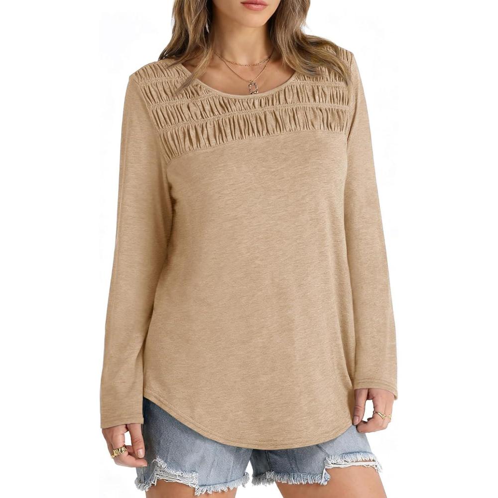 imageTankaneo Womens Smocked Long Sleeve Shirts Casual Crew Neck Curved Hem Tunic Tops Loose Fit Basic TeeKhaki