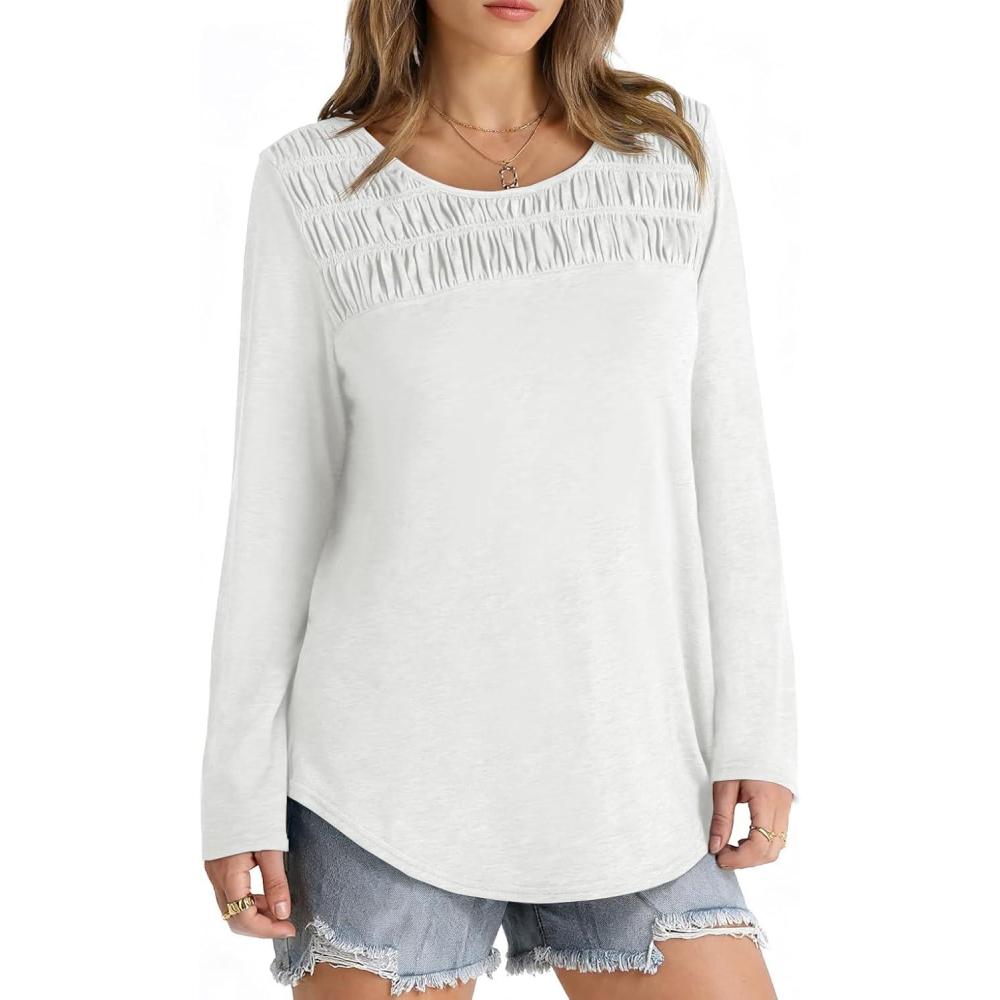 imageTankaneo Womens Smocked Long Sleeve Shirts Casual Crew Neck Curved Hem Tunic Tops Loose Fit Basic TeeWhite