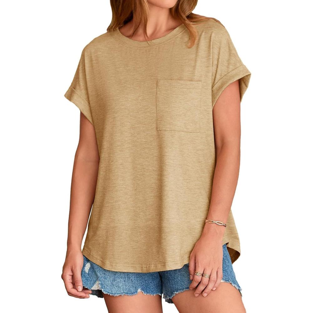 imageTankaneo Womens Summer Cap Short Sleeve TShirts Casual Round Neck Tunic Tops Loose Fit Basic Tees with PocketKhaki