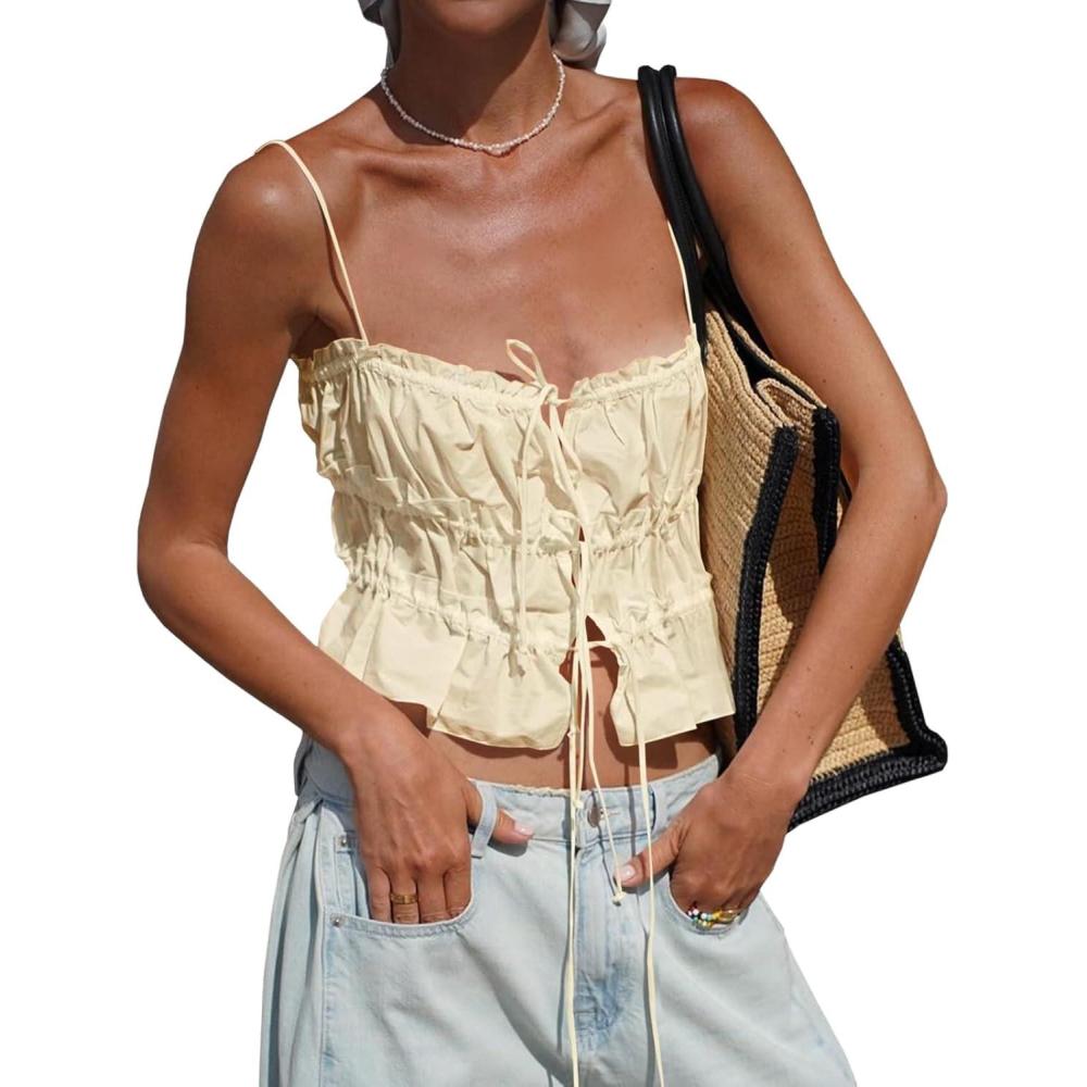 imageTankaneo Womens Summer Tie Front Crop Tops Cute Ruffle Ruched Spaghetti Strap Tank Tops Y2K Going Out ShirtsBeige