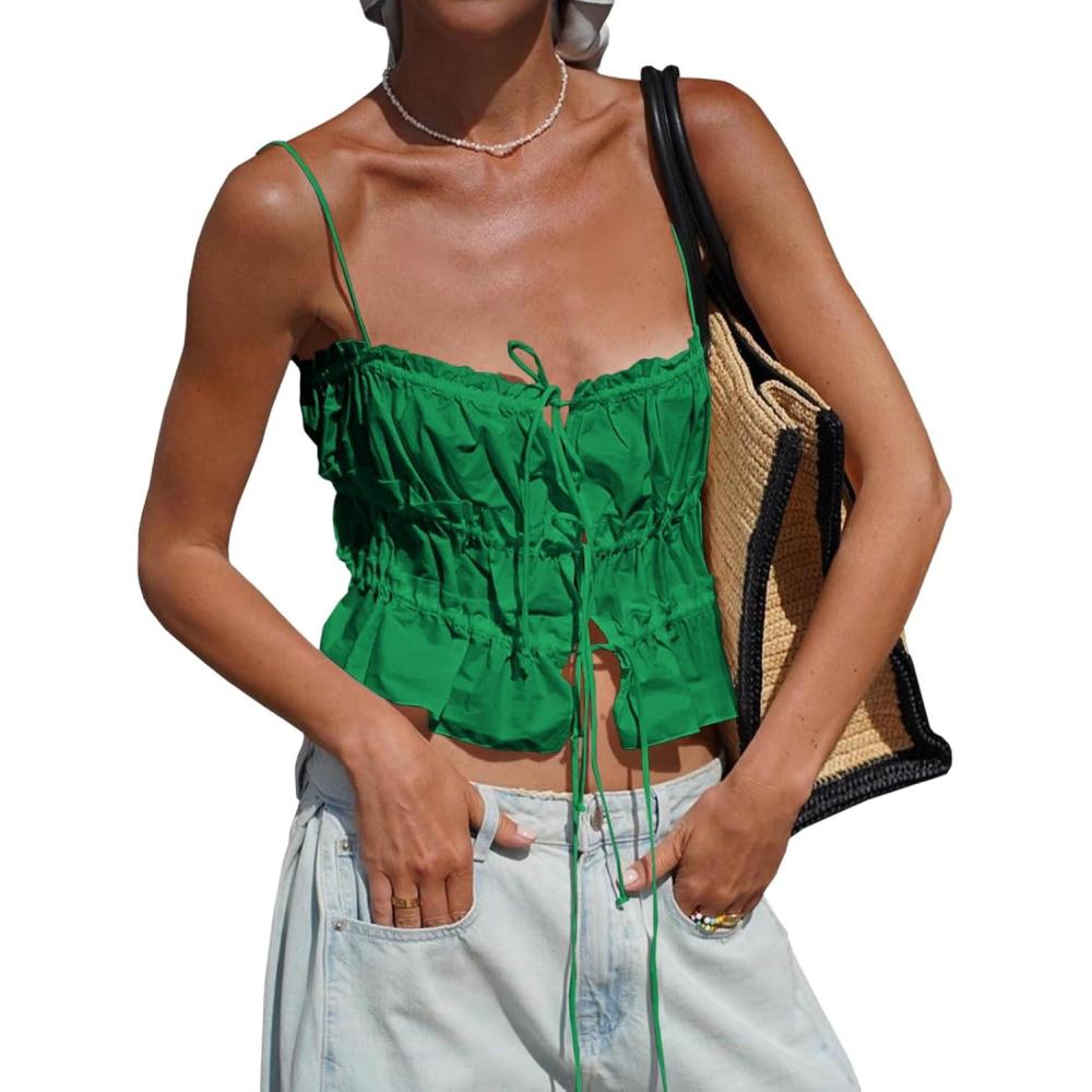 imageTankaneo Womens Summer Tie Front Crop Tops Cute Ruffle Ruched Spaghetti Strap Tank Tops Y2K Going Out ShirtsGreen
