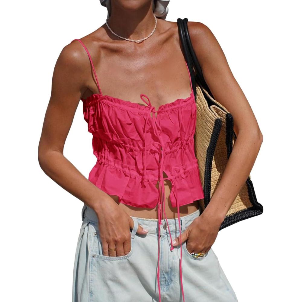 imageTankaneo Womens Summer Tie Front Crop Tops Cute Ruffle Ruched Spaghetti Strap Tank Tops Y2K Going Out ShirtsHot Pink