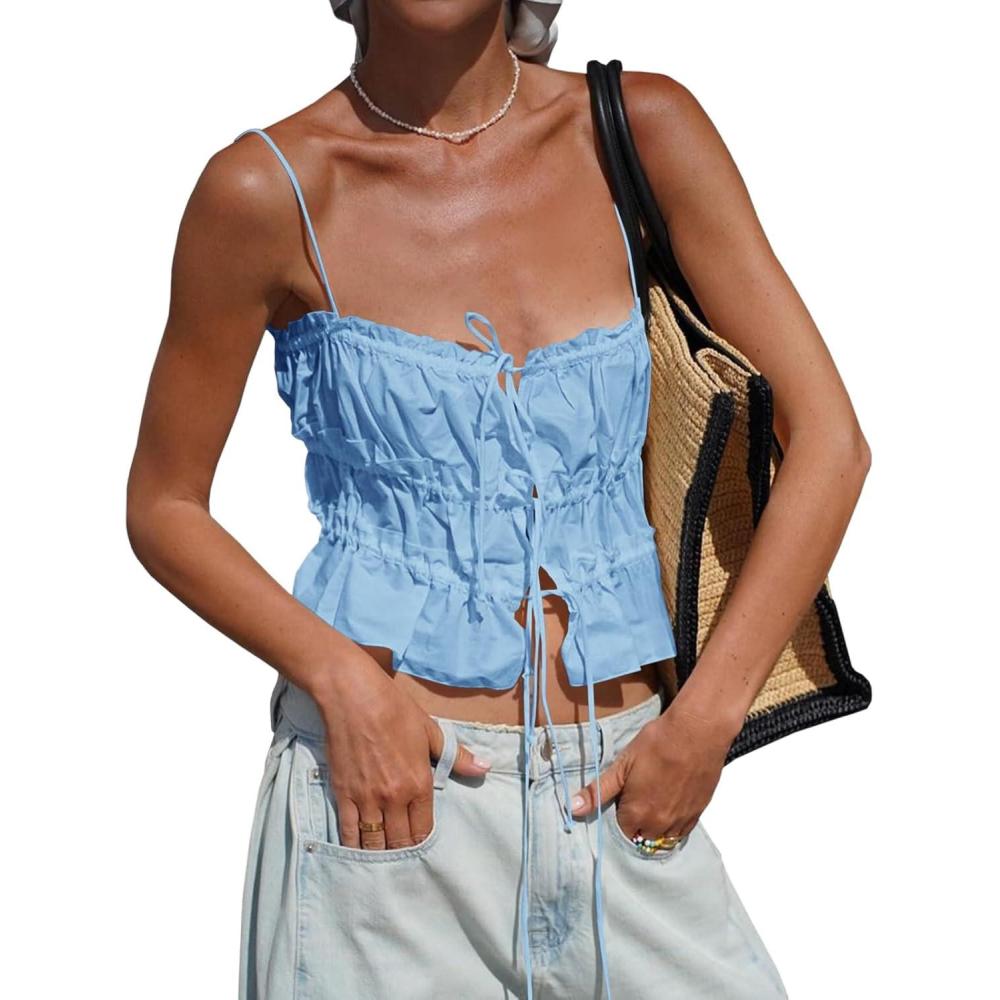 imageTankaneo Womens Summer Tie Front Crop Tops Cute Ruffle Ruched Spaghetti Strap Tank Tops Y2K Going Out ShirtsLight Blue