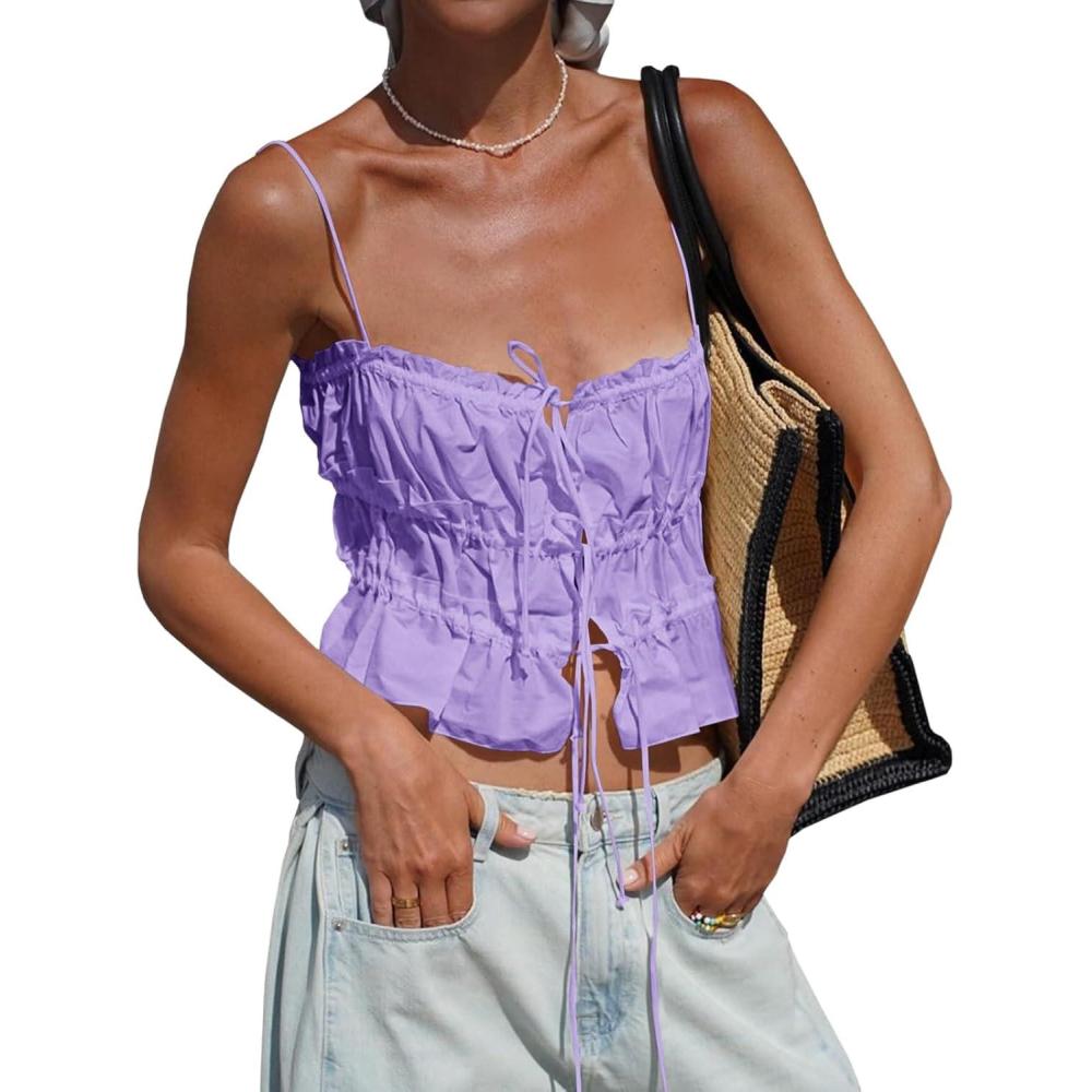 imageTankaneo Womens Summer Tie Front Crop Tops Cute Ruffle Ruched Spaghetti Strap Tank Tops Y2K Going Out ShirtsLight Purple