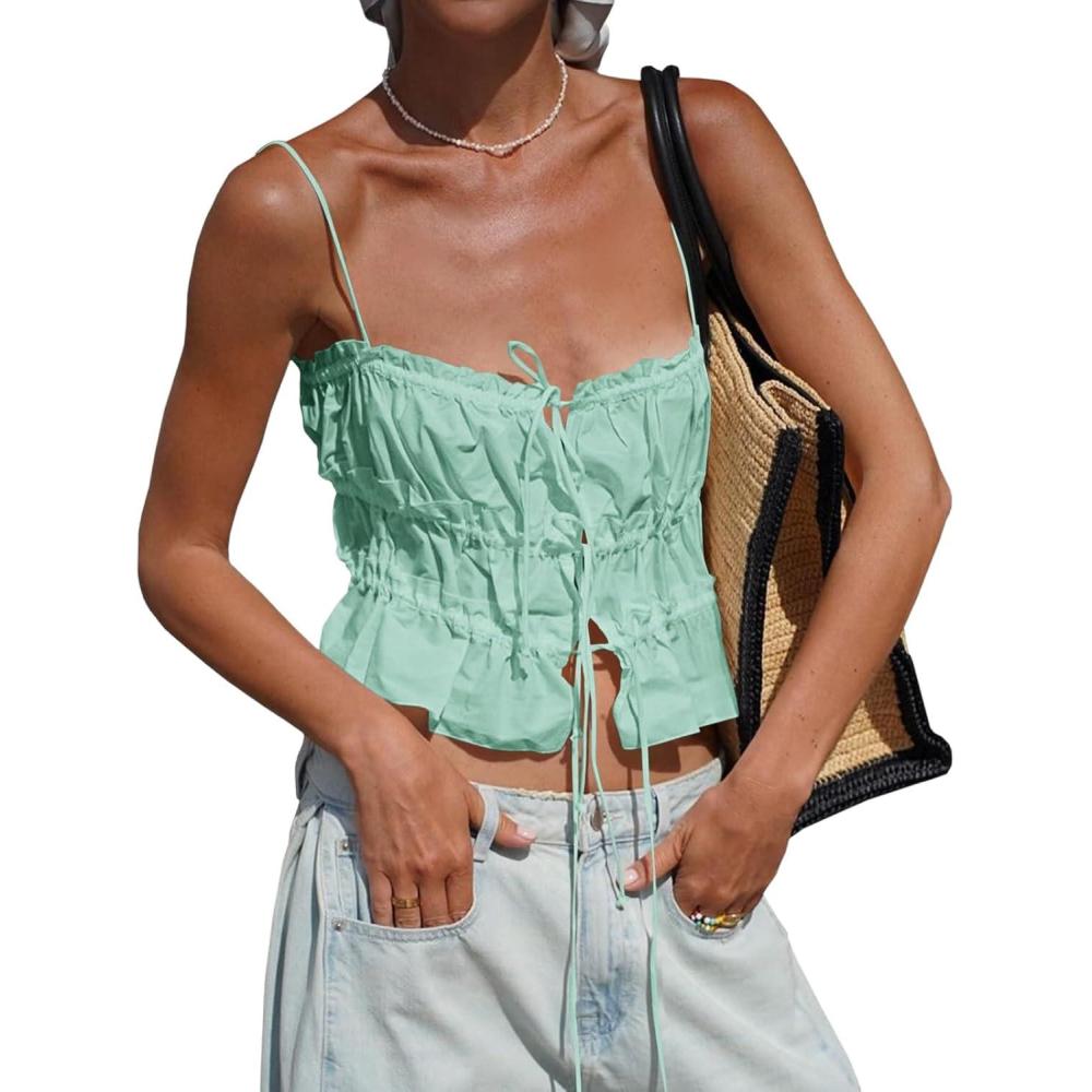 imageTankaneo Womens Summer Tie Front Crop Tops Cute Ruffle Ruched Spaghetti Strap Tank Tops Y2K Going Out ShirtsMint Green