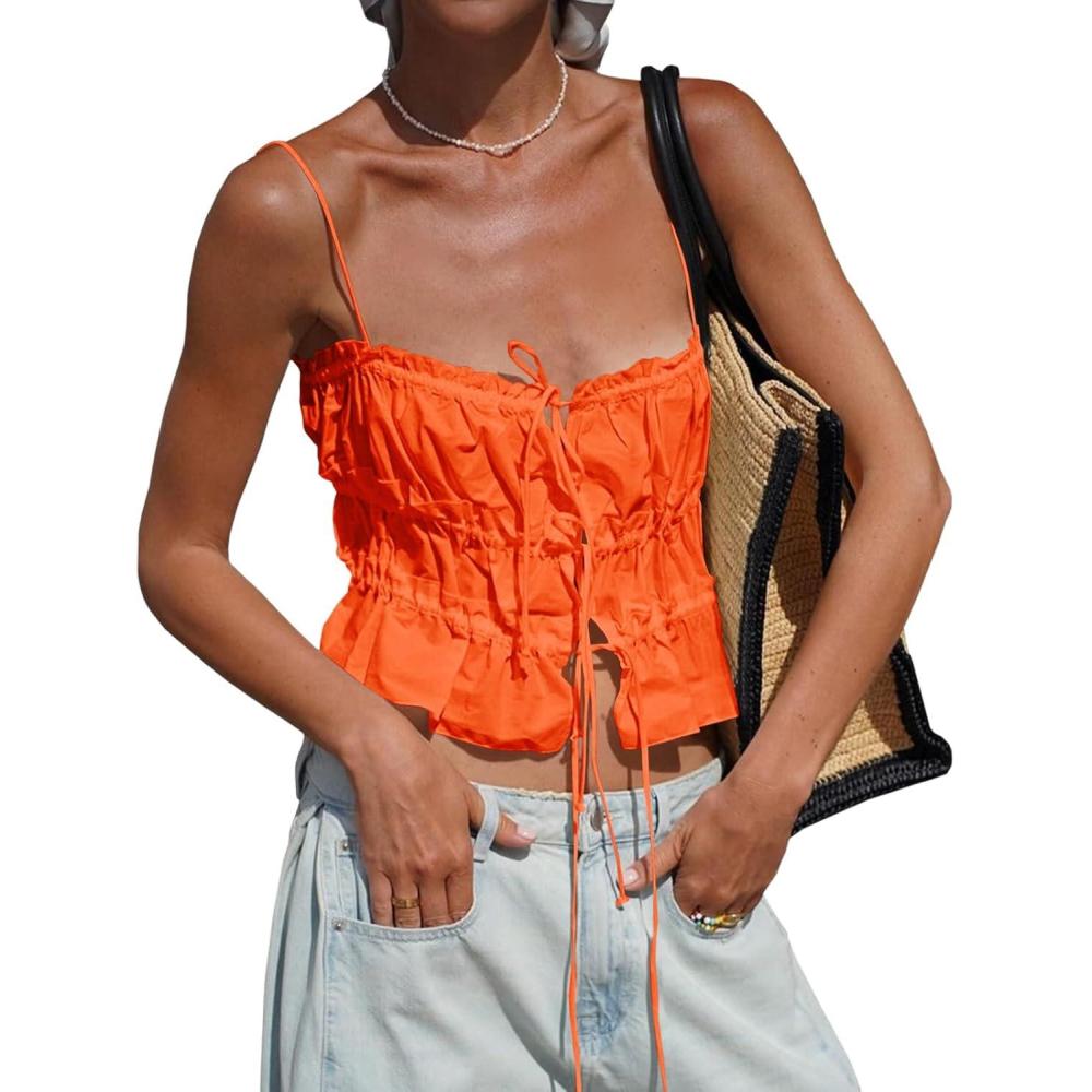 imageTankaneo Womens Summer Tie Front Crop Tops Cute Ruffle Ruched Spaghetti Strap Tank Tops Y2K Going Out ShirtsOrange