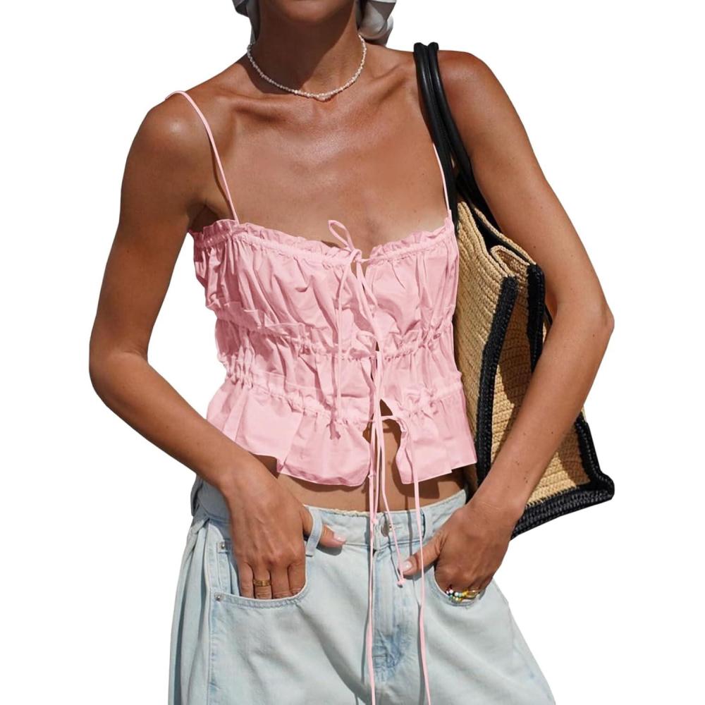 imageTankaneo Womens Summer Tie Front Crop Tops Cute Ruffle Ruched Spaghetti Strap Tank Tops Y2K Going Out ShirtsPink