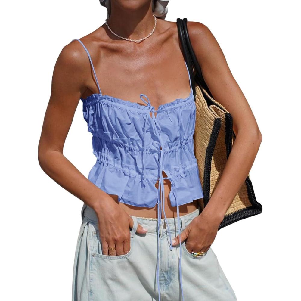 imageTankaneo Womens Summer Tie Front Crop Tops Cute Ruffle Ruched Spaghetti Strap Tank Tops Y2K Going Out ShirtsSky Bue