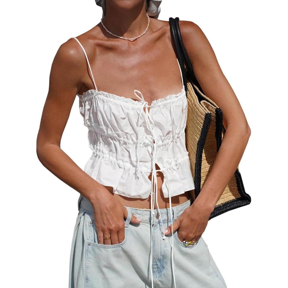 imageTankaneo Womens Summer Tie Front Crop Tops Cute Ruffle Ruched Spaghetti Strap Tank Tops Y2K Going Out ShirtsWhite
