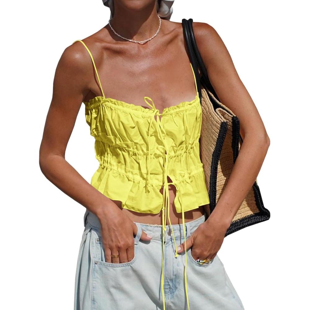 imageTankaneo Womens Summer Tie Front Crop Tops Cute Ruffle Ruched Spaghetti Strap Tank Tops Y2K Going Out ShirtsYellow